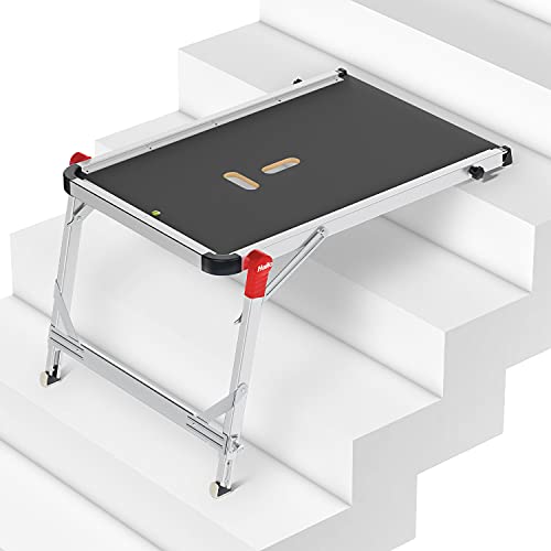 Hailo TP1 Treppenpodest | Arbeitsplattform aus rutschfester Siebdruckplatte mit Tragegriff und integrierter Libelle | Füße mit Soft-Grip-Sohle belastbar 150 kg | flexibel verstellbar | silber