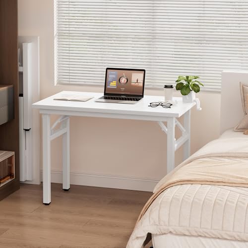 Image of Need 39.4 Inch Folding Desk for Small Spaces, Home Office Computer Desk with White Wood Top & Metal Frame, Foldable Writing Table for Study, Bedroom, Dorm Room & Student