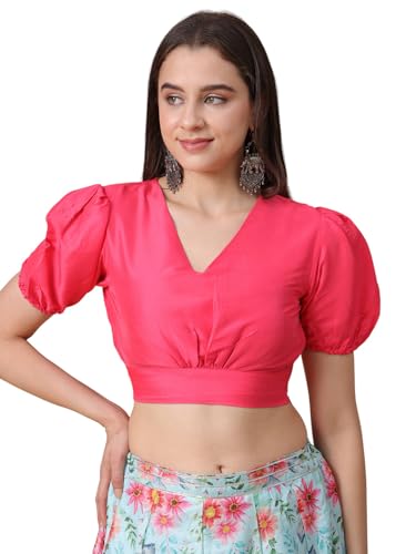 Image of Frolic Rolic Premium Silk V-Neck Blouse Readymade Saree Blouse - Designer Puff Sleeve Blouse for Wedding