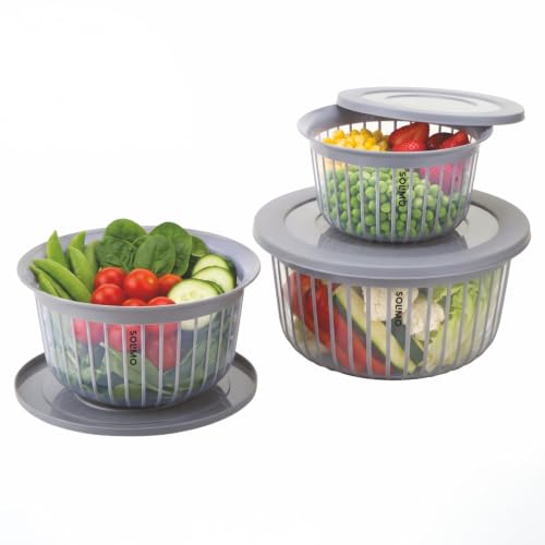 Image of Amazon Brand - Solimo Plastic Linea Storage Containers with Lid Food Grade Set of 3 (1.3L, 2.3L & 3.8L) | Stackable Kitchen Storage Bowls, BPA-Free, Multipurpose Containers (Grey)