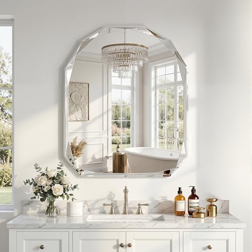 Suidia Bathroom Mirror, 30"x 36" Wall Mirror, Frameless Bathroom Mirror with Beveled Edge for Bedroom, Living Room, Entryway, Hallway, Arched Shape