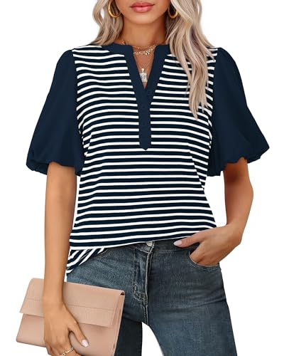 BTFBM Puff Sleeve Tops for Women Dressy Summer Vacation Outfits 2025 V Neck Casual Button Up Shirts Loose Striped Blouse