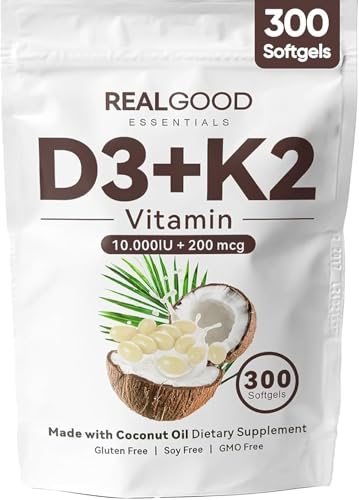 Megacephalus Real Good Essentials Vitamin D3 K2 Essentials D3+K2 (MK7) Coconut Oil 300 Softgels with Vitamins D & K (1)