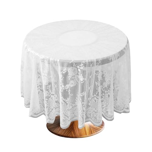 Nappe en dentelle blanche ronde, perforée, vintage, élégante et florale, pour mariages, fêtes,...
