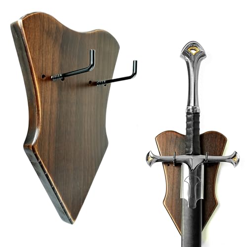 Elifinds Soporte de pared de espada de madera maciza ajustable, soporte vertical para hacha, daga, arcilla, arco, soporte de armas medievales con accesorios (1 pieza tamaño mediano)