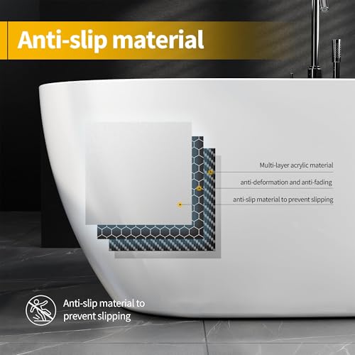 Image of 67 Inch Acrylic Freestanding Bathtub, Deep White Oval Pearl-Shape Soaking Tub, Modern Stand Alone Bathtub with Non-Slip Base, Chrome Overflow & Pop-Up Drain, Easy Assembly for Bathroom, Home, Spa