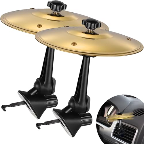 2 Pack Golden Car Cymbal Air Vent Clip - Mini Crash Cymbal for Car Dashboard, Portable Drum Instrument Gadget with Adjustable Clip for Music Lovers & Drummers (Alloy Steel)