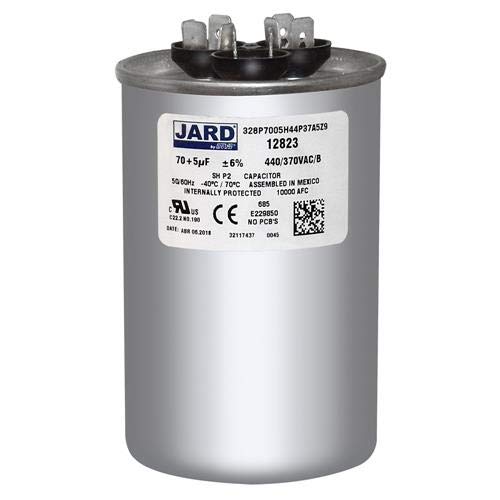 70 + 5 uF x 370 or 440 VAC - Jard # 12823 Round Dual Run Capacitor, Sold Each