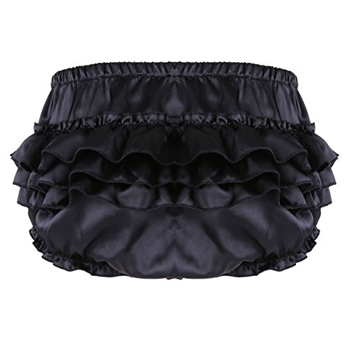 Acsuss Men's Satin Frilly Thong Sissy Crossdress Bloomer Ruffled Skirted Panties Type A Black Medium #TOP3