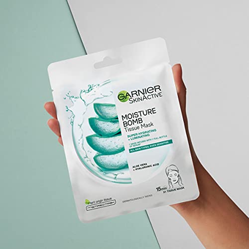 Garnier Moisture Bomb Aloe Vera Hyaluronic Acid Hydrating and Luminating Face Sheet Mask Sensitive Skin 28g - Image 5