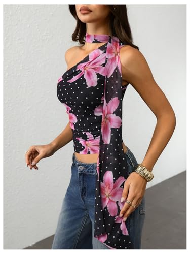 Image of RoseSeek Women's Y2K Leopard Polka Dots Halter Asymmetrical Neck Crop Tops