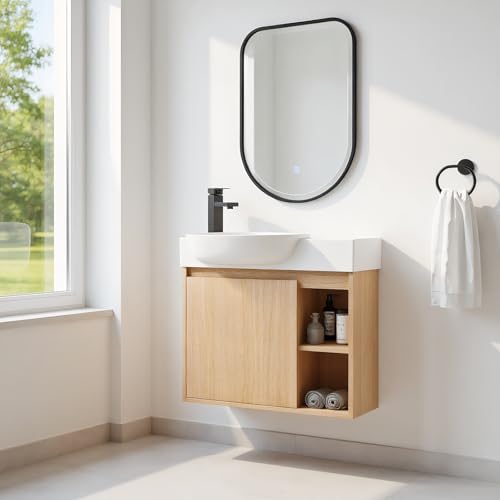 Image of 26 inch Wall Mounted Bathroom Vanity with Ceramic Sink, Modern Floating Bathroom Cabinet with Soft-Close Door & 2 Open Storage Shelves, Farmhouse Small Bath Vanity Set, Easy to Clean, Oak