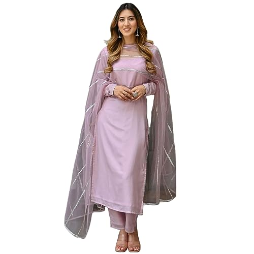 Image of GoSriKi Women's Cotton Blend Straight Solid Kurta with Pant & Dupatta