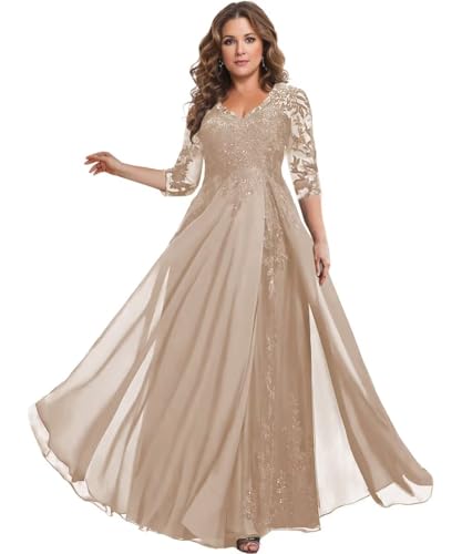 Image of HANVAIOS Sparkly Mother of The Bride Dresses for Women Long Chiffon 3 /4 Sleeve Lace Appliques Formal Gown