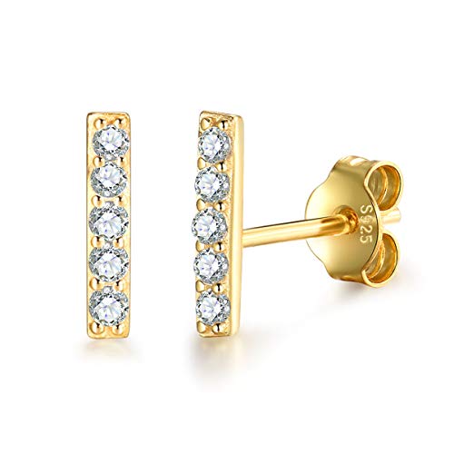 MASOP 925 Sterling Silver Bar Stud Earrings Hypoallergenic 14K Gold Plated Dainty Mini Bar with CZ Simulated Diamond for Girls Women