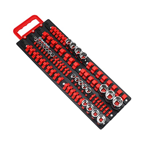 DURATECH Socket Organizer, 80-Piece Portable Socket Holder with Handle, ABS Material Wall and Tool Cart Mounted, 1/4", 3/8", 1/2" Drive, Red(Sockets not Included) 80pc Red