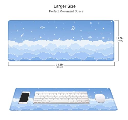 Image of Cute Pastel Blue Desk Mat, Minimalist Large Gaming Mouse Pad Mousepad, Kawaii Anime Gaming Deskmat, Gradient White Clouds Computer Pad, Aesthetic Stars Moon Deskpad, 31.5 X 11.8 Inch
