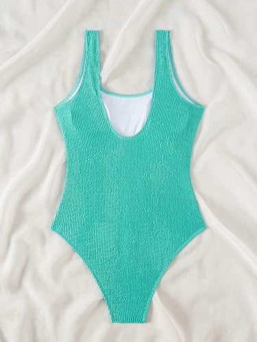 Image of Limeeke Women One Piece Swimsuit Solid Ribbed Monokini Swimwear Scoop Neck Low Back Bathing Suit