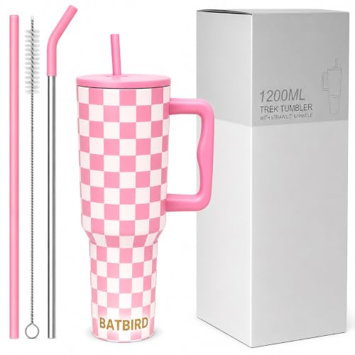 Image of Stainless Steel 1200 ml Vacuum Tumbler with Lid & Straw - Double‑Wall Insulated Cup for Travel, Gym & Office - Keeps Beverages Hot or Cold - 1.2 L Capacity (Pink Checks)