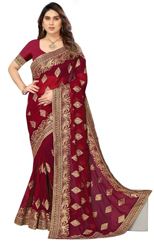 Image of B BELLA CREATION Women's Maroon Georgette Saree with Heavy Golden Embroidery Work & Unstitched Blouse Piece