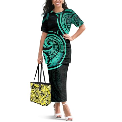 Image of Puletasi Samoan Traditional 2 Piece Outfits for Women Short Sleeve Crop Top and Maxi Skirt Sets Puletasi Dress