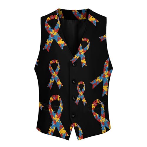 Autism Ribbon Awareness Suit Vest for Men Casual Business Tuxedo Slim Fit Suit Vests Lightweight Waistcoat3