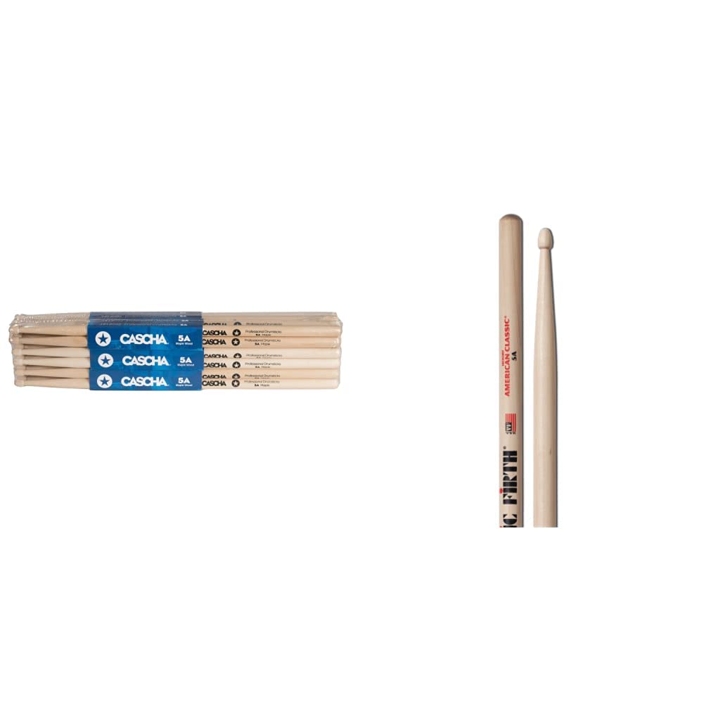 CASCHA Professional Schlagzeugsticks 5A robuste Ahorn Sticks I Trommelstöcke Holz I Trommelsticks Holzkopf Modell 12 Paar (24 St.) & Vic Firth 5A American Hickory Wood Tip Drumsticks