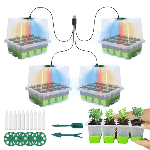 Qoosea Bandejas Semillas de Germinacion con Luces de Cultivo, 4 Piezas Germinador de Semillas con Tapa Elevada, Bandejas Semilleros para Interior Jardín, para Crecimiento de Germinación Plantas, Verde