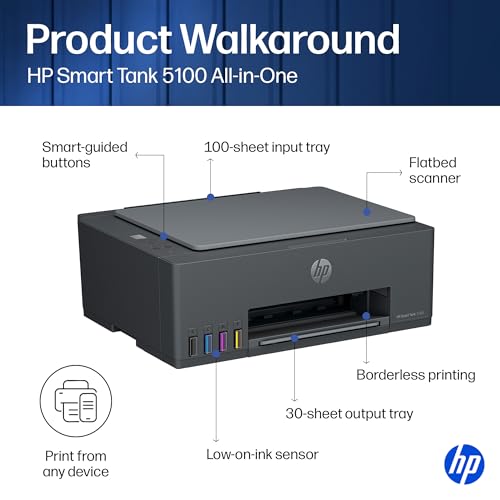 HP Smart Tank 5100 Wireless All-in-One Refillable Printer, Scanner, Copier with up to 3 Years of Ink Included, Best-for-Home, Cartridge-Free, AI-Capable (D06BLA) by HP - Image 4