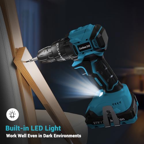 Image of LEEIKOO Cordless Drill Driver 21V, Brushless Cordless Hammer Drill with 2 Batteries 2000mAh, 20+3 Torque, 45N.m Max Combi Drills, LED Light, 2 Speed, 14PCS for Home and Garden DIY Project
