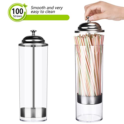 Plastic Straw Dispenser And 100 Pcs Drinking Straw Organizer Container With Stainless Steel Lid Transparent Drinking Straw Holder Striped Plastic Straw Plastic Drinking Straw (Fresh Colors) #TOP2