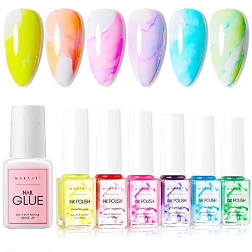 Makartt Marble Nail Polish, Magic Blooming Gel Nail Polish Set Fall Color Bundle Super Strong Nail Glue For Press On Nails With Brush 7Ml #TOP16