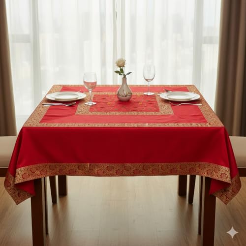 Image of New Year Room Decor Embroidery Brocade Silk Table Cover for Centre & Dinning Table and 4 & 6 Seater Dining Table /Tablecloth, (50 by 50 Inches) (Red)
