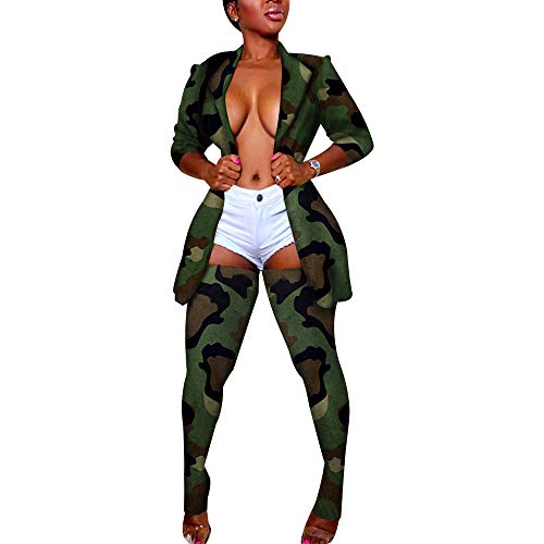 CQWL Women's 2 Piece Outfits Fashion Printed Long Sleeve Blazer Jacket and Slim fit Stockings Set Camouflage
