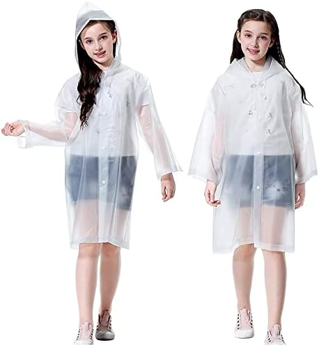 Rain Ponchos for Kids, Reusable Raincoats for Boys Girls, 2 Packs Clear Emergency Rain Jacket with Hood for Disney Outdoor, White
