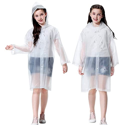 Rain Ponchos For Kids, Reusable Raincoats For Boys Girls, 2 Packs Clear Emergency Rain Jacket With Hood For Disney Outdoor, White #TOP3