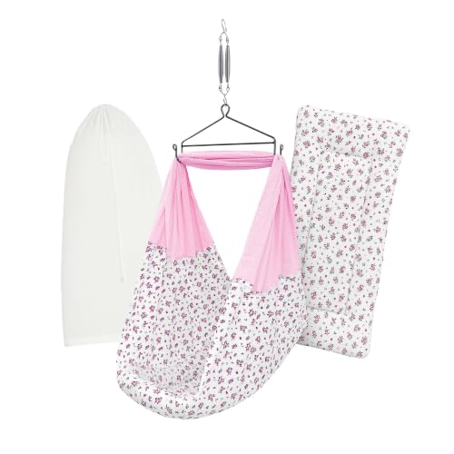 Image of Premium Cradle Set | Cradle Cloth, Padded Bed, Mosquito Net, Heavy-Duty Spring & Triangle Hanger | Hanging Set - Emily Pink