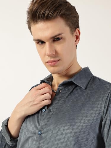 Image of Thomas Scott Men's | Solid | Textured Fabric | Full Sleeve | Slim Fit | Polyester-Blend | Spread Collar | Casual Shirt