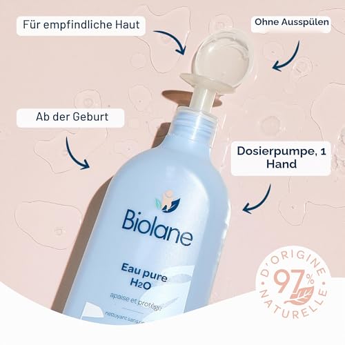 BIOLANE - H2O reines Wasser – Neue Verpackung – Reinigungsmittel für Gesicht, Körper und Sitz des Babys – ohne Ausspülen – 1 Pumpflasche 750 ml