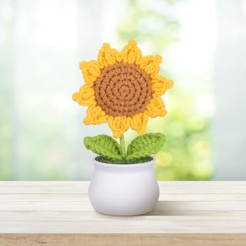 AMUSLESUR 手編みのかぎ針編み向日葵盆栽 置き型デスク装飾 人工花の鉢植え 車内ダッシュボード飾り 母の日 に