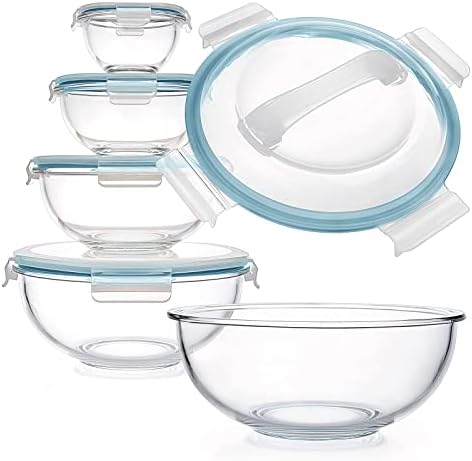 Luvan Glass Mixing Bowl with Lids Set of 5(0.2QT, 0.5QT, 1.1QT, 2.1QT, 3.75 QT), Space-Saving Nesting Bowls Anti-slip Salad Bowls for Storage, Cooking, Microwave,Freezer,Oven and Dishwasher Safe