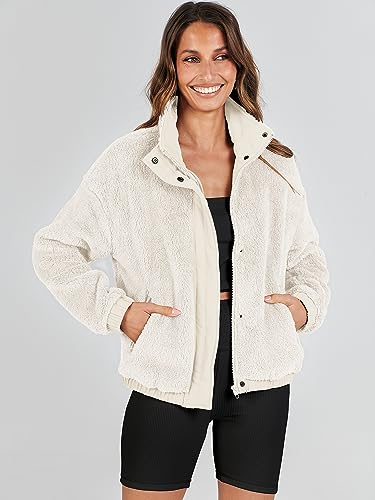 ANRABESS Womens Fleece Jacket Casual Long Sleeve Cropped Sherpa Button Down Fuzzy Warm Coats Fall Outwear With Pockets2