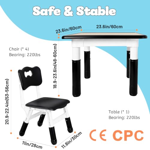 Image of FUNLIO Kids Table and 4 Chairs Set, Height Adjustable Toddler Table and Chair Set for Ages 3-8, Easy to Wipe Arts & Crafts Table, for Classrooms /Daycares /Homes, CPC & CE Approved (5-Piece Set) - Black