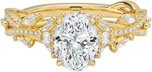 1 Carat Yellow Gold Oval Cut Moissanite Engagement Ring for Women, Nature Inspired Floral Leaf Design, 10K 14K 18K Solid Gold or 925 Sterling Silver, Vintage Promise Wedding Ring, Unique Proposal Ring Gift