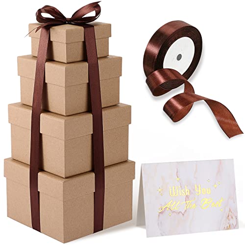 Marspark 4 Pcs Nesting Gift Boxes with Lids Stackable Square Nested Boxes with Ribbon Large to Small Size Present Wrap for Wedding, Birthday, Gift Wrapping, Fall Thanksgiving Party Favors(Kraft Box)