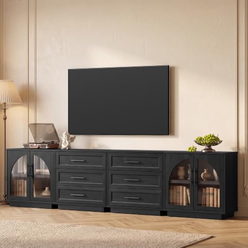 Fatmok Modular Entertainment Center & Buffet Cabinet, Extra Long Sideboard TV Stand with Arched Glass Doors, Modern Wooden Storage Cabinet for Living Room, Black Grey(DEED,4-Piece)