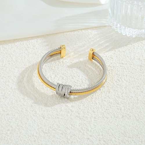 Two Tone Cable Cuff Bracelet for Women Men Trendy Mixed Metal Cuff Bracelet Adjustable Twisted Open Statement Bracelets Jewelry4