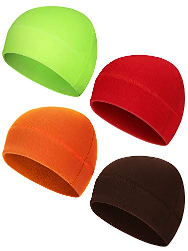 4 Pieces Winter Warm Watch Cap Soft Polar Fleece Beanie Hat Thick Windproof Outdoor Skull Cap for Men Women (Orange, Red, Fluorescent Green, Coffee)
