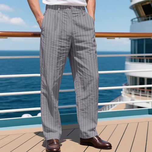 Mens Work Pants Business Trousers Striped Button Elastic Waist Lightweight Casual Relaxed Fit Yoga Beach Linen Pants2