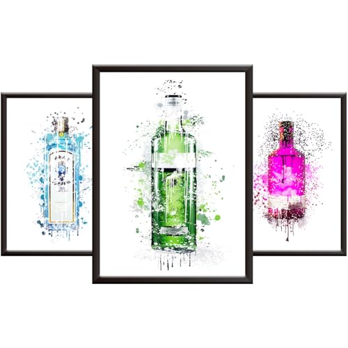 Hey Chimp Gin Bottle Posters - Vibrant Wall Art for Living Room, Kitchen or Dining Room. Set of 3 Unique Modern Wall Prints & Watercolour Style Posters as Gin Bottle Prints